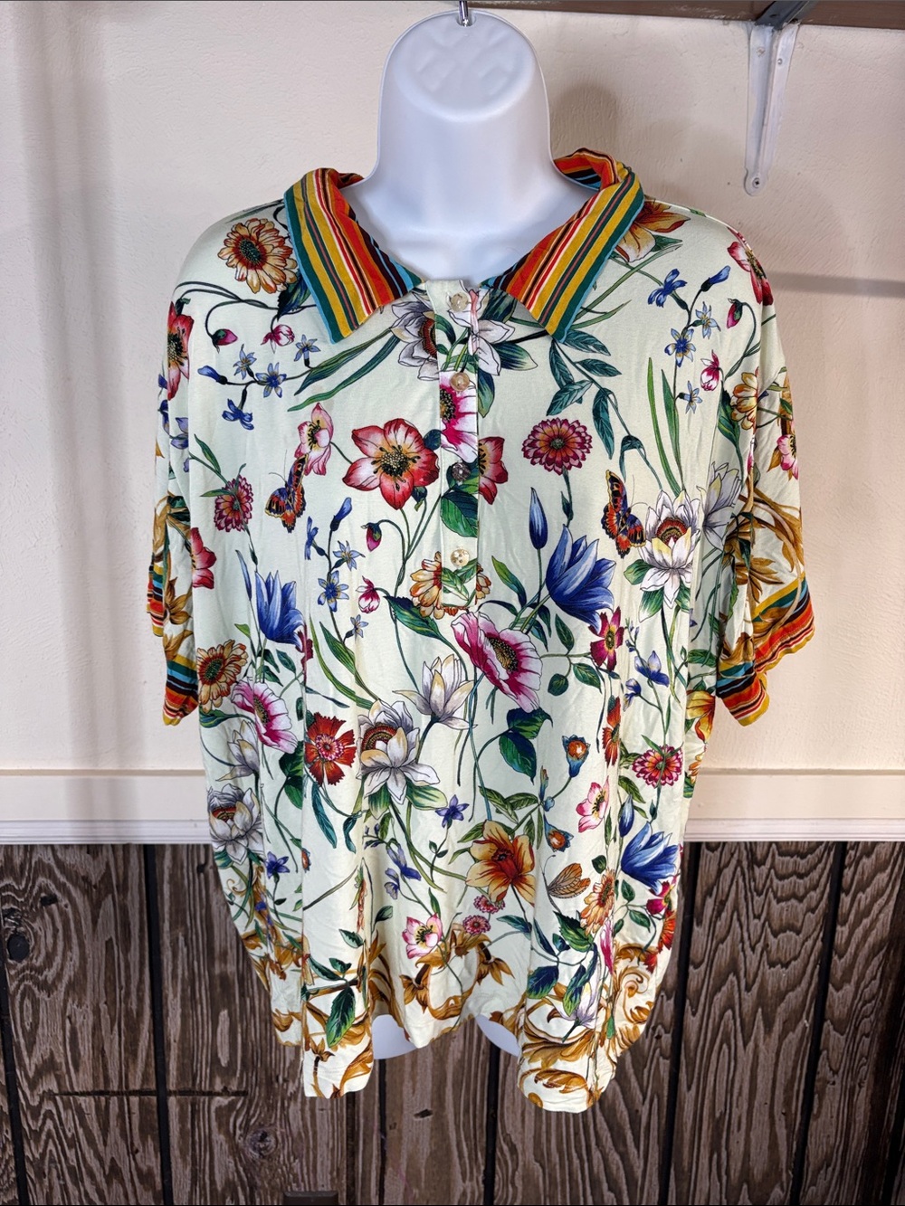 Johnny Was Cream Floral Short Sleeve Polo with Multicolor Stripes